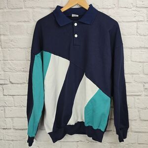 Vintage J.J. Macintyre Men's Large Polo Sweatshirt Colorblock Navy Teal USA Made